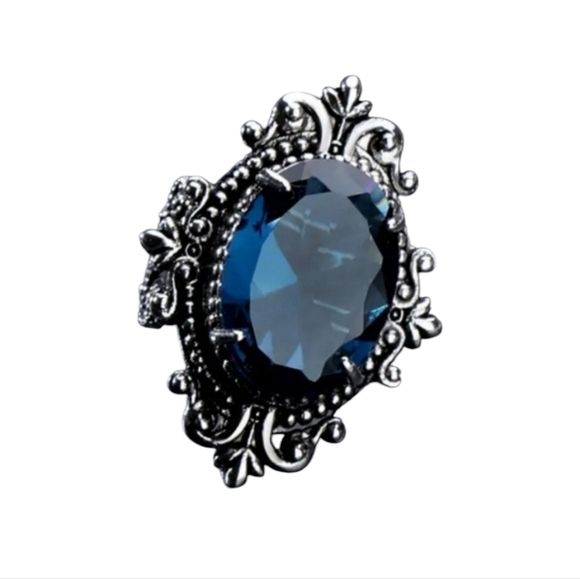 Vintage Goose Oval Dark Blue simulated Topaz Ancient Silver Ring - Picture 1 of 3